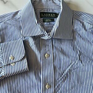 Lauren Ralph Lauren Slim Fit Non Iron Striped Spread Collar Dress Shirt Mens 16.